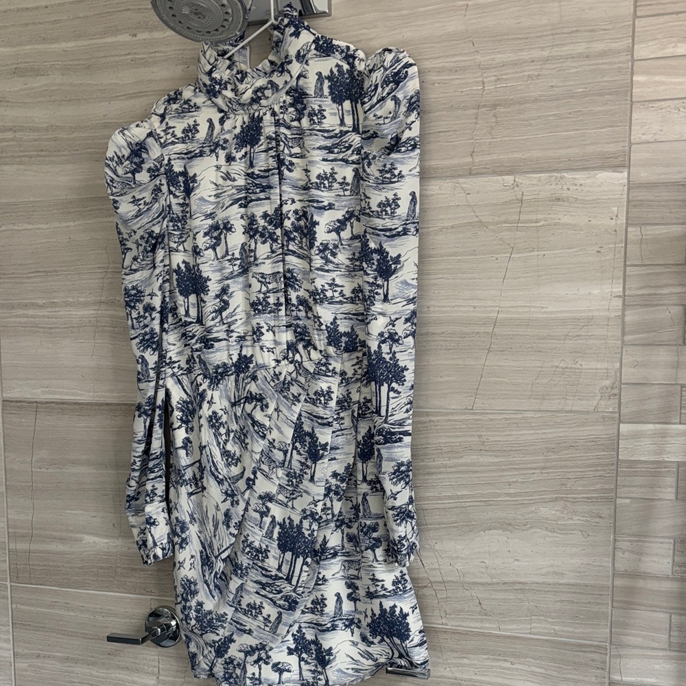Blue and White Scenic Print Women's Dress
